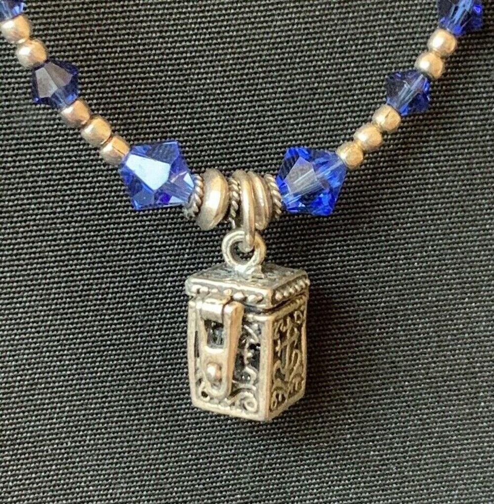 Sterling Silver Prayer Box Pendant Necklace With Blue & White Crystals 16.5"
